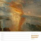 48. Woche, November/Dezember 2027. Gemälde eines großen Feuers mit dramatischem Himmel und Reflexionen im Wasser.