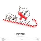Kalender für Dezember 2027. Illustration mit Kind in Winterkleidung und Geschenken auf einem Zuckerstangen-Schlitten.