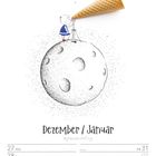 "Dezember / Januar" steht in verspielter Schrift. Kind schaut von Mond durch Fernrohr, das wie Waffeltüte aussieht.