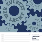 Text: "Wer zuletzt lacht, denkt langsam." Kalenderlayout mit Zahnrädern und Wochenübersicht.