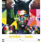 Oben steht "#Fight". Unten der Kalender von "27 MO" bis "02 SO". Bunte, geometrische Wandmalerei eines Gesichts mit Boxhandschuhen.