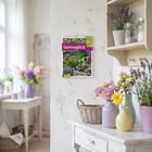 "Gartenglück 2027". Ein heller Raum mit Blumen in Vasen, sanfte Pastelltöne und ein Kalender an der Wand.