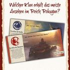 "Welcher Klan erhält das meiste Ansehen im Reich Rokugan?" Zwei Karten mit Klan-Infos und Zitaten.