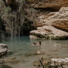 Zwei Menschen schwimmen in einem klaren Naturpool, umgeben von Felsen und hängenden Pflanzen. Sonnenlicht fällt sanft ein.