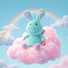 Ein türkisfarbener Plüschhase sitzt lächelnd auf einer rosa Wolke, umgeben von Regenbogen und funkelnden Sternen.
