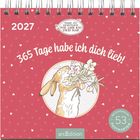2027, 365 Tage habe ich dich lieb! Illustration eines Hasen mit Blumen auf rotem Hintergrund mit Herzen.