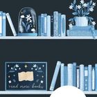 "BÜCHER-LIEBE" und "2027" auf dunklem Hintergrund, oben Regale mit blauen Büchern, Pflanzen, Mond und Flasche.