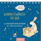 "Weißt du eigentlich wie lieb ich dich hab", "Weihnachtswünsche für dich", "Ein Adventskalender mit 24 Postkarten".  
Illustration: Hase mit Geschenk.