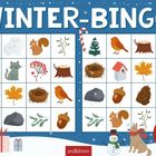 "WINTER-BINGO", "mit über 90 Vorlagen". Ein Winter-Bingo-Spielbrett mit Tieren und Naturmotiven.