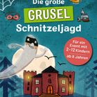 „Die große Grusel-Schnitzeljagd“; Illustration: Geist und Burg, mit Spinnennetz und Gruseldeko.