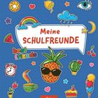 „Meine Schulfreunde“ in einer Sprechblase, bunte Sticker wie Ananas, Regenbogen, Tasse und Eis auf blauem Hintergrund.