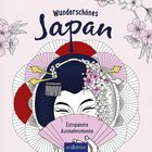 Text: "Wunderschönes Japan", "Entspannte Ausmalmomente". Illustration einer Geisha mit Fächern und Blumen im Haar.