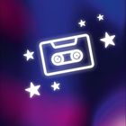 Leuchtendes Kassettensymbol umgeben von Sternen auf blau-violettem Hintergrund.