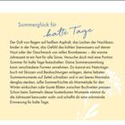 Ein gelber Hintergrund mit dem Text "Sommerglück für kalte Tage" und einer poetischen Beschreibung warmer Sommererinnerungen.