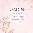 "READING sends me on a journey where love knows no bounds." Rosa Hintergrund, skizzierte Blumen und Blätter.
