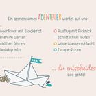 Ein gemeinsames ABENTEUER wartet auf uns! Aktivitätenliste; ein Papierschiff mit "AHOI"-Flagge und kleinem Fisch daneben.