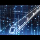 Leuchtende Zugillustration mit blauem Licht, Linien und Punkten, die futuristisch wirken.