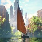 Es gibt keinen Text. Eine Illustration zeigt ein kleines Boot mit Segel zwischen Ruinen und Bäumen auf einem Fluss.