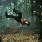 Ein Mann in der Luft, umgeben von Wald. Zwei weitere Männer: einer zielt mit einem Schwert, der andere fällt zu Boden. Statuen im Hintergrund.