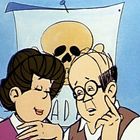 Text: "ADA". Illustration von zwei Personen vor einem Totenkopf-Plakat. Eine Frau lächelt, der Mann schaut skeptisch.