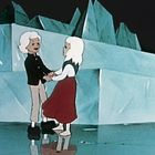 Zwei animierte Figuren, ein Junge und ein Mädchen, halten sich in einer eisigen Umgebung an den Händen.