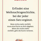 "Erfindet eine Weihnachtsgeschichte, bei der jeder einen Satz ergänzt." Cartoon-Elch mit roter Mütze.