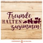 "Freunde halten zusammen!" auf Holzoptik, begleitet von Zeichnungen kleiner Tiere und Figuren. Unten das Logo von Coppenrath.