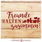 "Freunde halten zusammen!" in roter Schrift, süße Tierfiguren auf Holzoptik-Hintergrund.