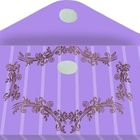 Lila Box mit braunen floralen Mustern und zwei weißen Punkten.