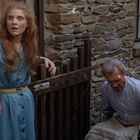 Schild mit "Close the Gate". Frau in blauem Kleid und gelbem Gürtel, besorgt. Mann im Rollstuhl, grauer Hintergrund aus Steinen.