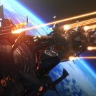 Keine sichtbaren Texte. Ein großes Raumschiff im Weltraum feuert orangefarbene Laserstrahlen ab und die Erde ist im Hintergrund.