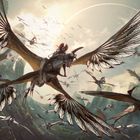 Eine Illustration zeigt geflügelte Kreaturen mit Reitern, die durch eine dramatische Felslandschaft fliegen, beleuchtet von Sphären im Himmel.