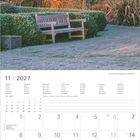 11 · 2027, Montag bis Sonntag aufgezählt. Unten Notizbereich. Foto: Gartenbank, herbstliches Laub, Frost.