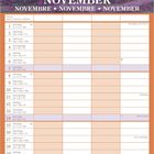 „NOVEMBER“ in Großbuchstaben, gefolgt von „NOVEMBRE“ und „NOVEMBRE“. Kalender zeigt Monatsübersicht. Bunte Herbstblätter.