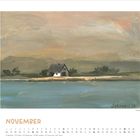 Text: "November", Datumsanzeige und Feiertage. Kalenderblatt mit Gemälde eines Hauses an einem See unter bedecktem Himmel.