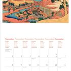 November in verschiedenen Sprachen. Kalender mit Montag bis Sonntag, illustriert mit japanischem Gemälde von Landschaft.