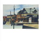 "For Sale" und "House for Sale" auf Schildern. Gemälde zeigt Straßenansicht mit mehrstöckigen Häusern und Laternen.