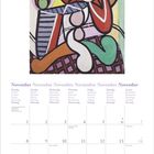 November Kalender mit Wochentagen in mehreren Sprachen. Buntes abstraktes Gemälde mit Formen und Linien oben.