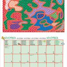 November-Kalender mit Wochen- und Feiertagsnamen. Bunte Illustration mit abstrakten Formen und Punkten.