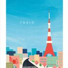 Text: "TOKIO", "DEZEMBER". Illustration: Bunte Stadtansicht mit dem Tokyo Tower, Kreuzung, Gebäuden und Kirschblüten.