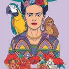 Text "November" auf rotem Band. 
Illustration einer Frau mit farbenfroher Kleidung und Blumen, einem Papagei und einem Affen.