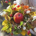 "Landlust", "Apfelfreude", Kalenderblatt November. Roter Apfel in herbstlichem Strauß mit Zweigen.