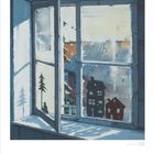 Dezemberkalender mit Winterillustration: Schneebedecktes Dach, Tannenbaum und Häuser im Fenster mit Frostgemälde.