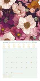 Novemberkalender mit Blumengemälde im Hintergrund. Tage sind in Englisch, Deutsch und weiteren Sprachen gelistet.