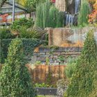Text: Dumont. Kalenderseite mit Novemberdaten. 

Beschreibung: Herbstlicher Garten mit Wasserfall, bunten Bäumen und Grünpflanzen.