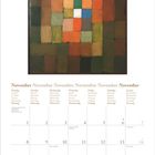 November, Wochentage in mehreren Sprachen. Kalender mit Gemälde aus bunten geometrischen Formen im Hintergrund.