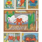 Herzfamilie, Aquarell und Buntstift auf Karton. Ein Herz sitzt auf einem Stuhl, Schlafszene im Bett, Herz auf Sessel.