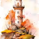Nummer 19 oben links, "TURM" unten. Illustration eines Turms auf einem felsigen Hügel, umgeben von Herbstbäumen.