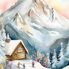 "BERG" und "21". Illustration: Zwei Skifahrer vor einer Hütte in winterlicher Berglandschaft mit schneebedeckten Bäumen.