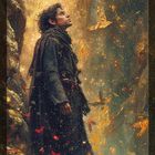 Text: "-17-" oben, "the star" unten. 

Illustration: Eine Person in einem dunklen Mantel blickt nach rechts oben. Umgeben von gelbem Licht und Schmetterlingen.